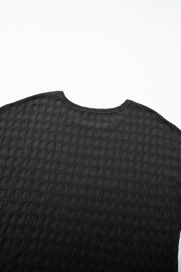 Black Solid Color Textured Batwing Sleeve Tee