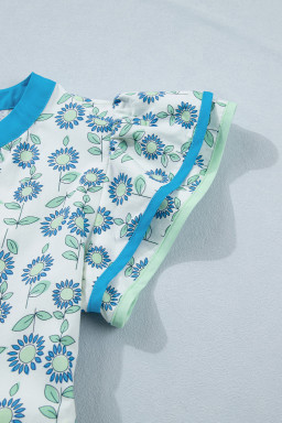 Sky Blue Cute Sunflower Printed Striped Patchwork Trim Flutter Sleeve Long Dress