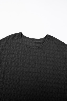 Black Solid Color Textured Batwing Sleeve Tee