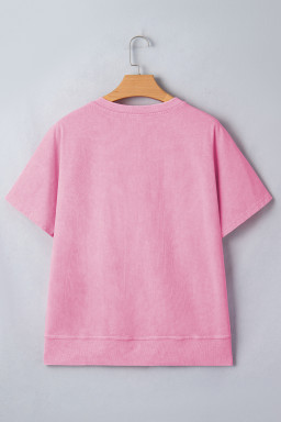 Pink Raw Cut Notched Neck Lace Patchwork Detail Mineral Wash Tee