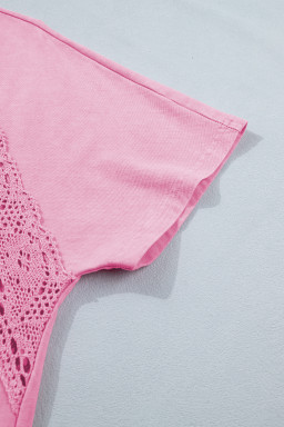 Pink Raw Cut Notched Neck Lace Patchwork Detail Mineral Wash Tee