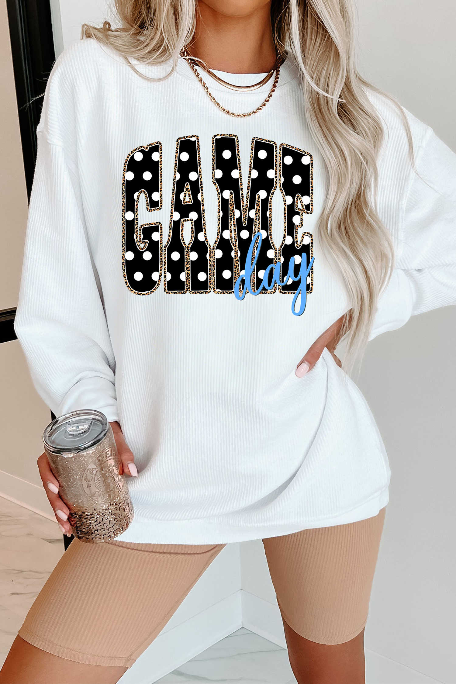 White Game Day Twisted Rib Baggy Pullover Sweatshirt