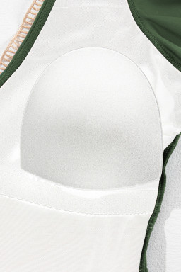 Mist Green Ruffled Short Sleeve Lace Trim V Neck One Piece Swim Dress