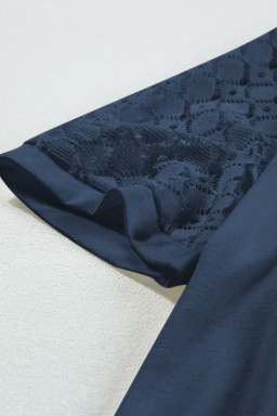 Navy Blue Seamed Detail Contrast Lace Raglan Sleeve Tee