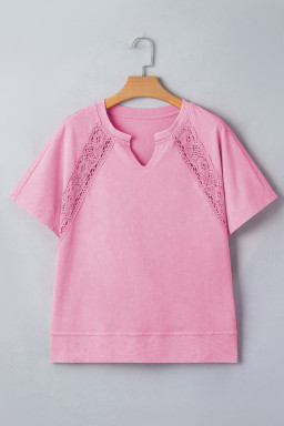 Pink Raw Cut Notched Neck Lace Patchwork Detail Mineral Wash Tee