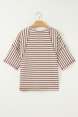Brown Stripe Textured Knit Split Hem Half Sleeve Loose Top