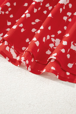 Red Polka Dot Print Frilly Smocked Neck Short Sleeve Blouse