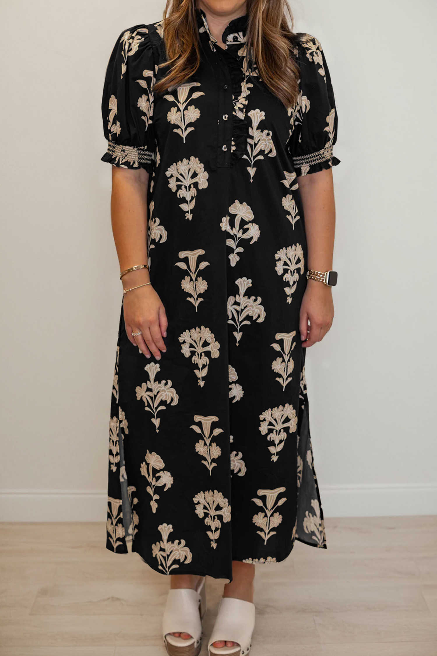 Black Floral Print Frilled Collar Short Puff Sleeve Maxi Dress