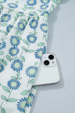 Sky Blue Cute Sunflower Printed Striped Patchwork Trim Flutter Sleeve Long Dress