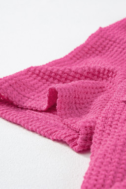 Bright Pink Waffle Textured Knit Button Down Short Sleeve Shacket