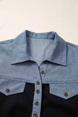 Black Waffle Knit Denim Color Block Patchwork Button Flap Polo Top