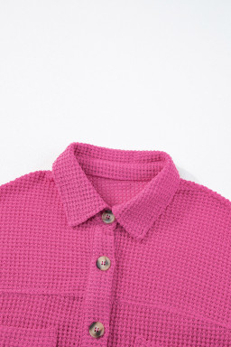 Bright Pink Waffle Textured Knit Button Down Short Sleeve Shacket