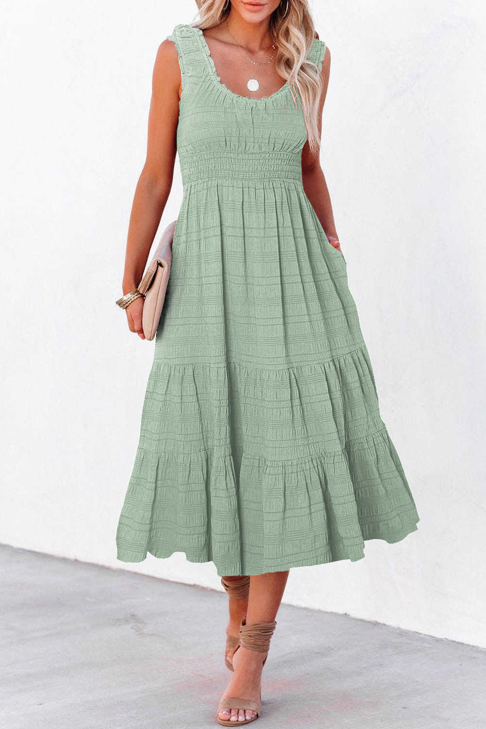 Green Shirred Pleated Square Neck Sleeveless Midi Dress