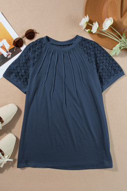 Navy Blue Seamed Detail Contrast Lace Raglan Sleeve Tee