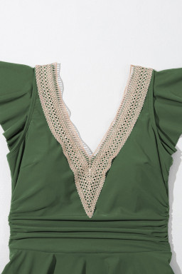 Mist Green Ruffled Short Sleeve Lace Trim V Neck One Piece Swim Dress