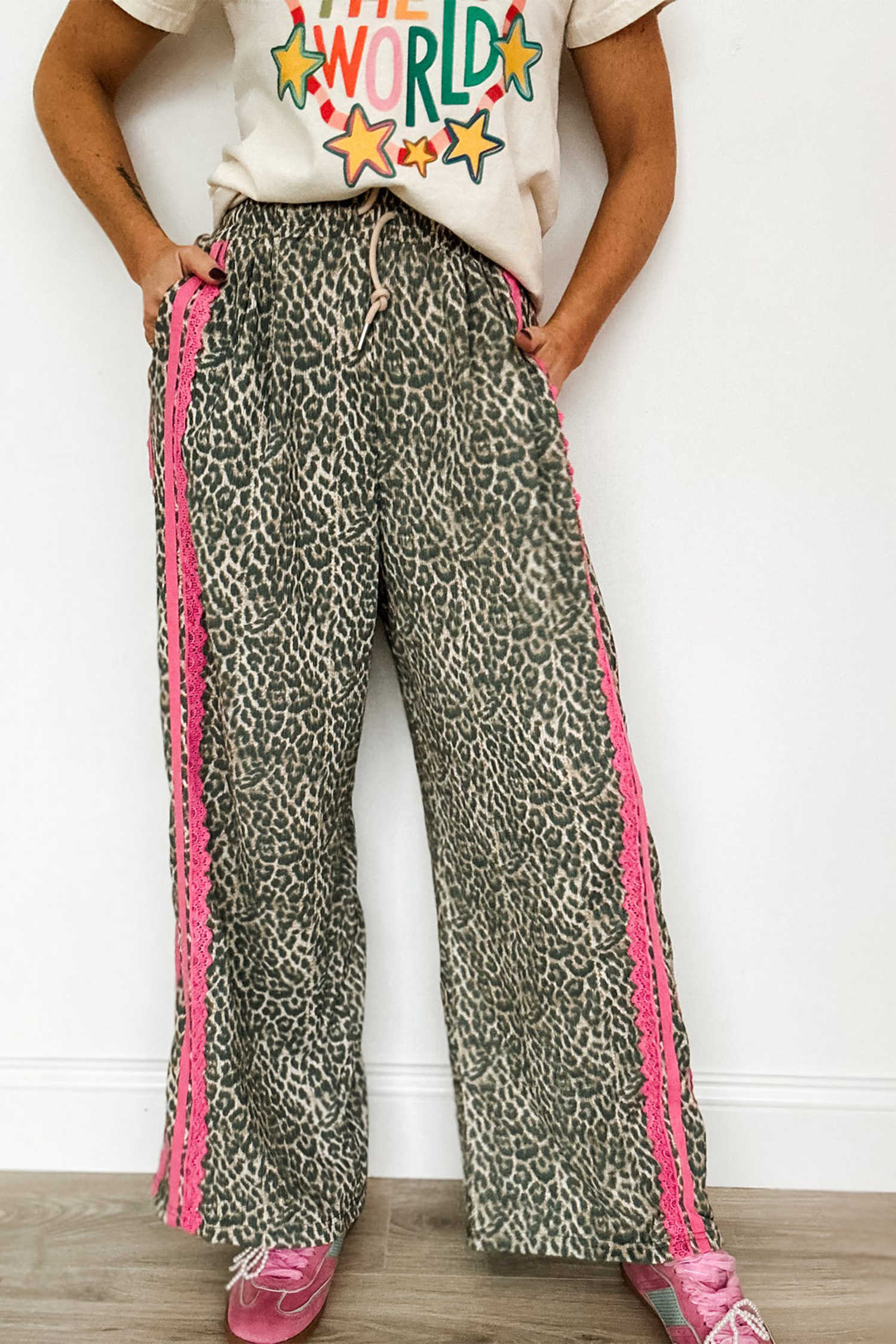 Brown Wild Leopard Print Contrast Lace Striped Detail Drawstring Pants
