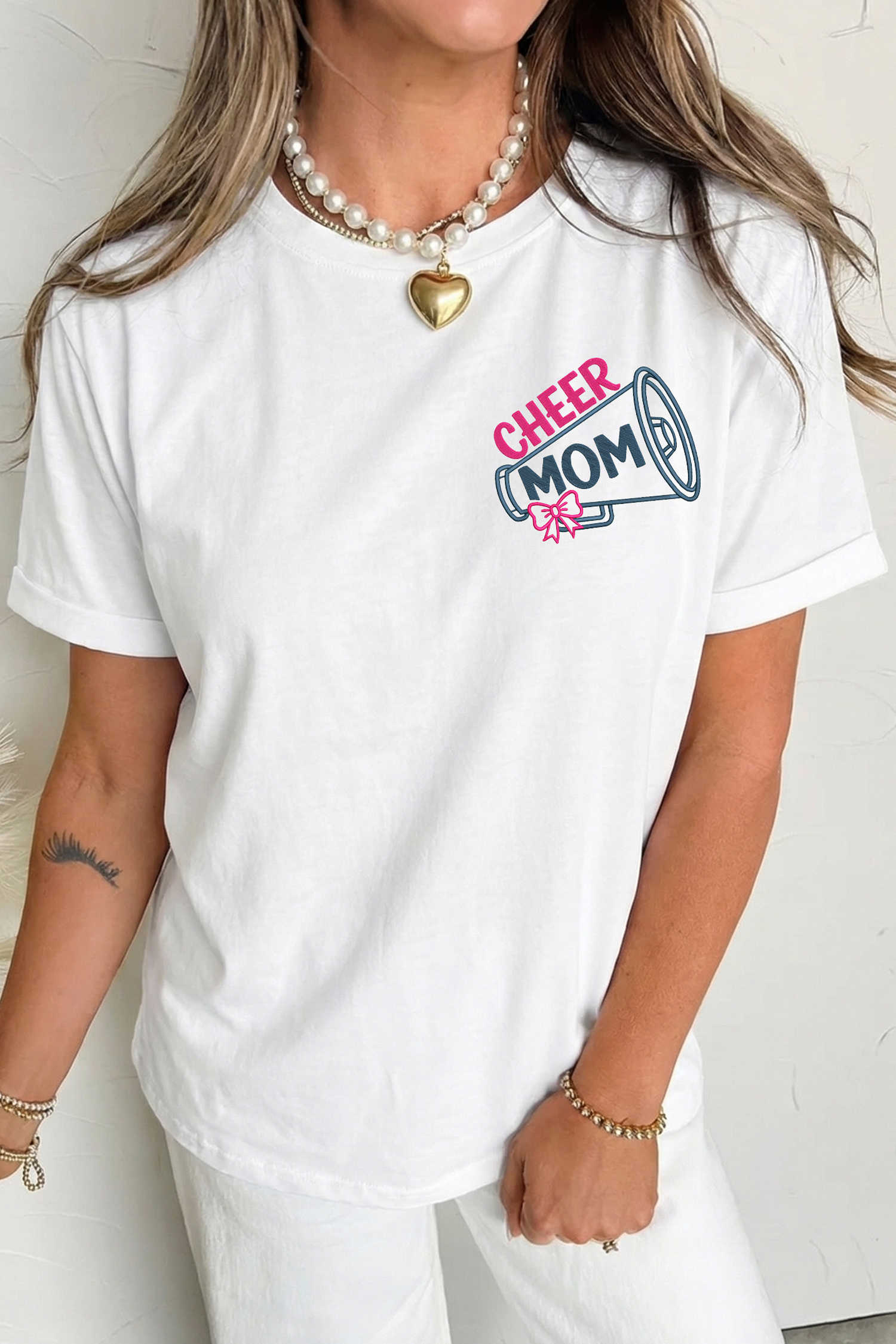 White CHEER MOM Embroidered Graphic T Shirt