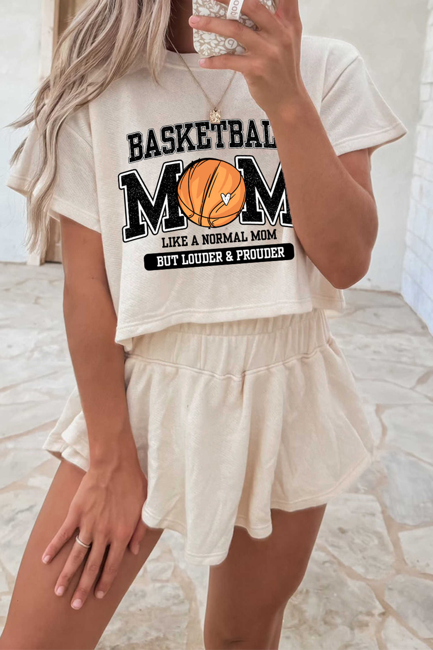 Beige BASKETBALL MOM Retro Graphic Ruffle Skort 2pcs Set