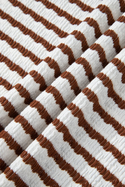 Brown Stripe Textured Knit Split Hem Half Sleeve Loose Top