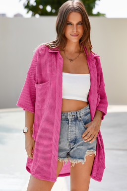 Bright Pink Waffle Textured Knit Button Down Short Sleeve Shacket