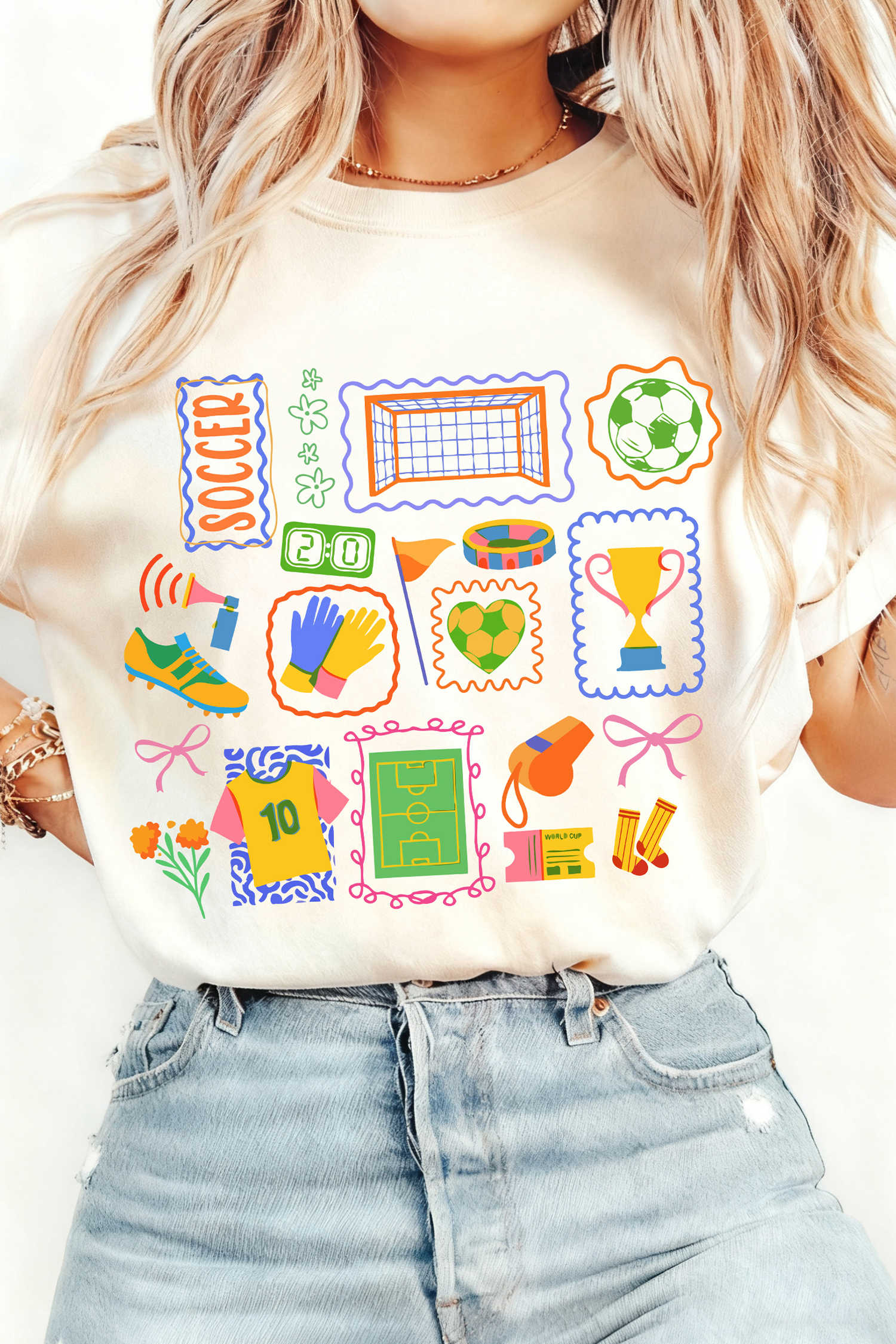 White Preppy Soccer Doodle Tee