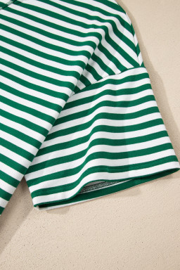 Green Stripe Boxy Tee Drawstring Elastic Waist Plus Size Short Set