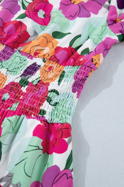 Rose Vibrant Floral Print V Neck Zip Up Puffy Half Sleeve Dress