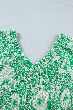 Green Flirty Floral Smocked V Neck Blouse
