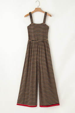 Brown Stripe Square Neck Shirred Wide Leg Jumpsuit