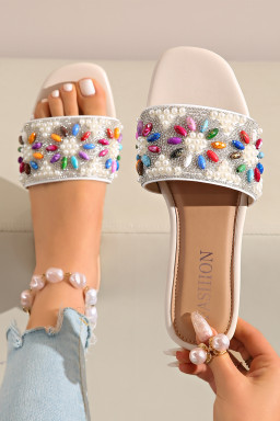 White Rhinestone Pearl Decoration Square Head Beach Slippers