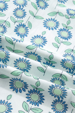 Sky Blue Cute Sunflower Printed Striped Patchwork Trim Flutter Sleeve Long Dress
