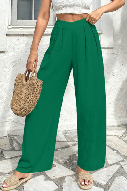 Evergreen Solid Color Textured Crossed Waist Loose Pants
