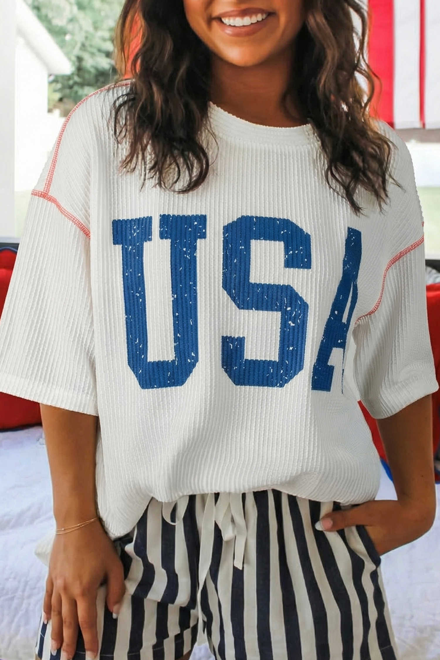 White USA Graphic Half Sleeve Loose Ribbed Top