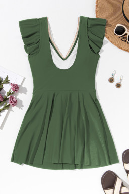 Mist Green Ruffled Short Sleeve Lace Trim V Neck One Piece Swim Dress
