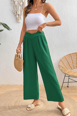 Evergreen Solid Color Textured Crossed Waist Loose Pants