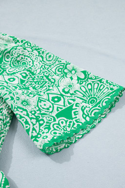 Green Flirty Floral Smocked V Neck Blouse