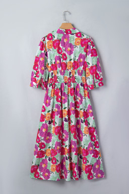 Rose Vibrant Floral Print V Neck Zip Up Puffy Half Sleeve Dress