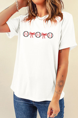 White Baseball Bow Embroidered Graphic Tee