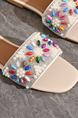 White Rhinestone Pearl Decoration Square Head Beach Slippers