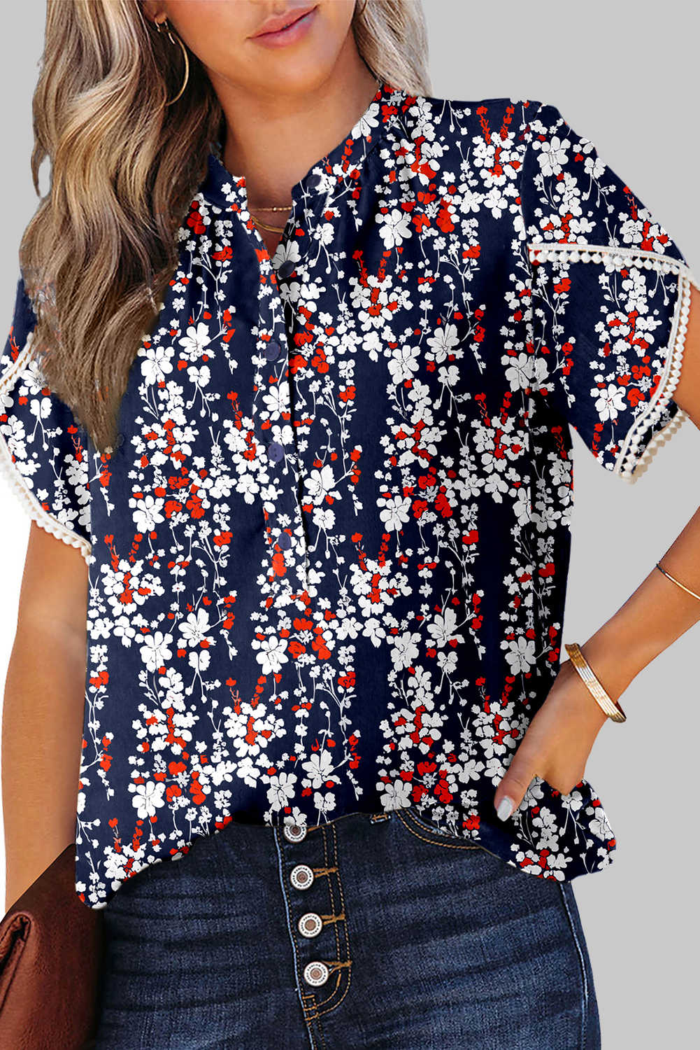 Casual Floral Print Half Button Lace Trim Petal Sleeve Blouse