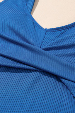 Sky Blue Ribbed Knit Crossed Detail Tank Skort 2pcs Swimsuit