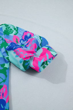 Sky Blue Floral Print V Neck Half Sleeve Blouse