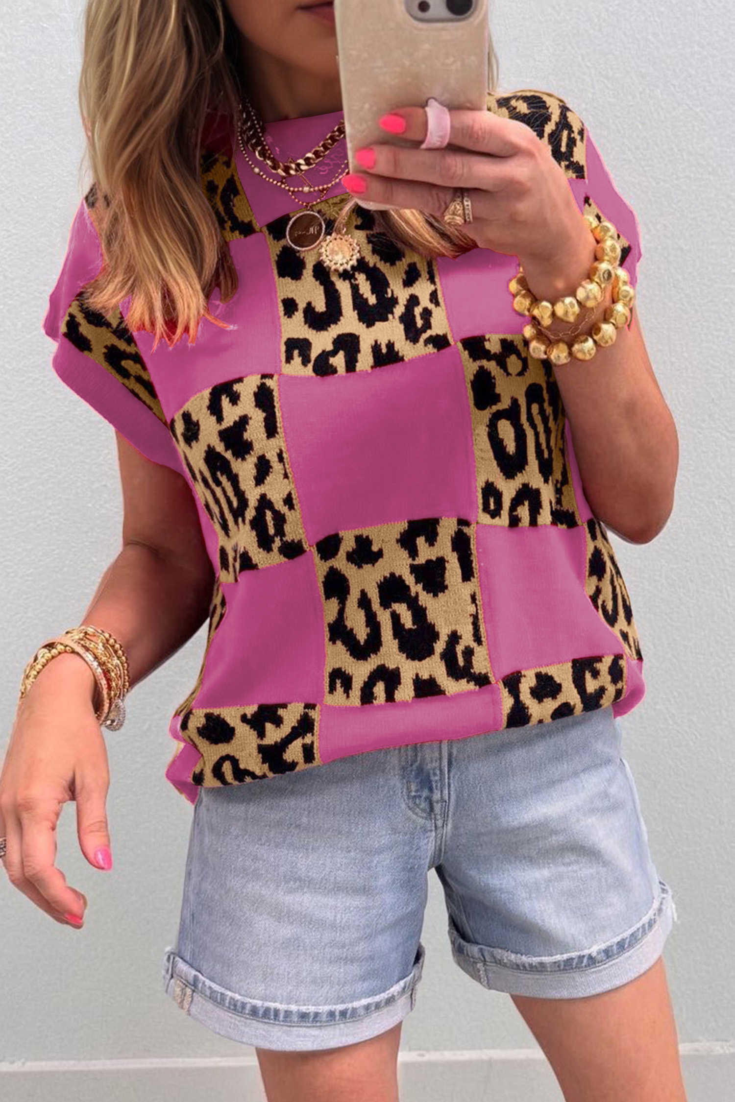 Rose Red Leopard Checkerboard Short Sleeve Knit Sweater