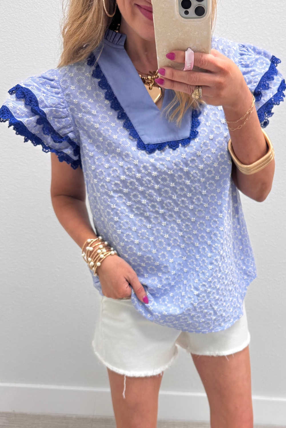 Beau Blue Eyelet Embroidered Flower Texture Contrast Lace Trim Flutter Sleeve Blouse