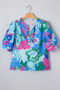 Sky Blue Floral Print V Neck Half Sleeve Blouse
