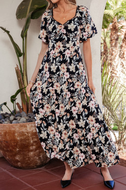 Blue Short Sleeve Smocked Detail High Waist Floral Maxi Dress