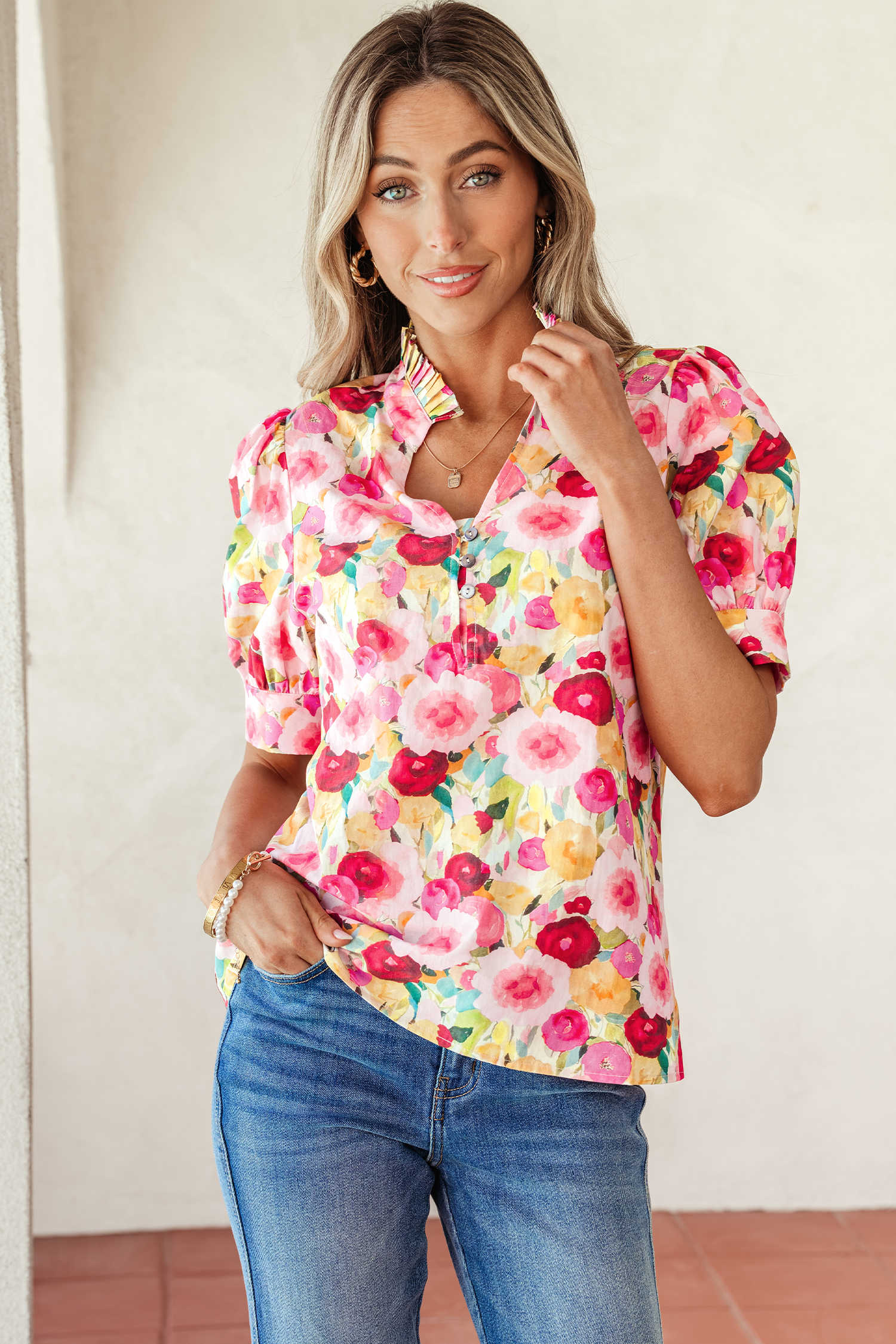 Pink Floral Frilled V Neck Puff Short Sleeve Blouse