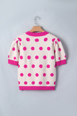 Pink Polka Dot Puff Short Sleeve Sweater Top