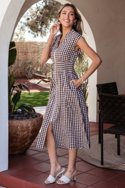 Coffee Plaid Print Full Zipper Cinched Waist Fit Flare Sleeveless Maxi Dress