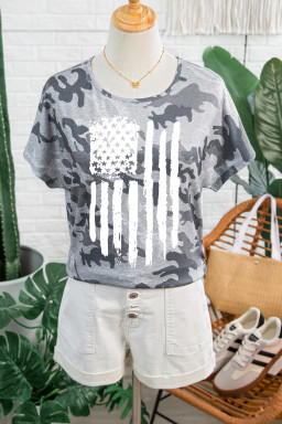 Gray Camouflage Retro American Flag Printed Tee